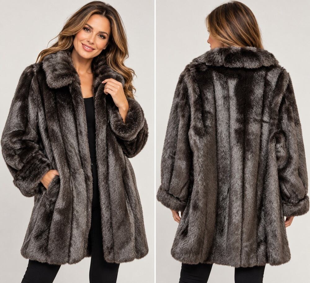 Dennis Basso Faux Fur Coat Women Small Dark Brown Mink Look Plush Luxury